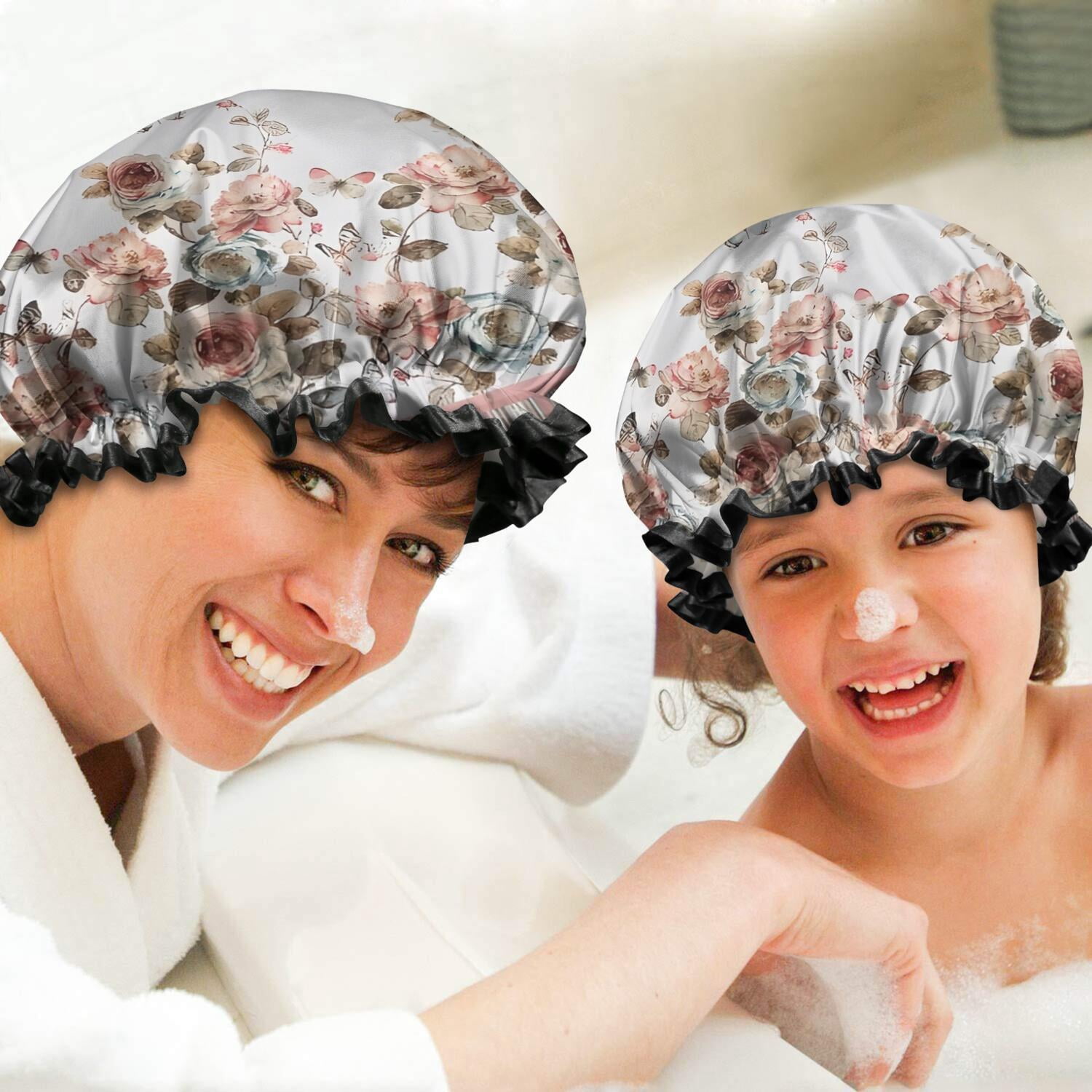 Shower Caps,White Butterfly Rose Pattern Waterproof Shower Cap for Women 4 Pieces,Double Reusable Hair Cover for Shower PEVA Elastic Stretch Hem