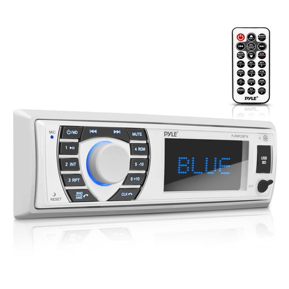 Pyle Single DIN Marine Bluetooth Stereo Receiver with Remote, White