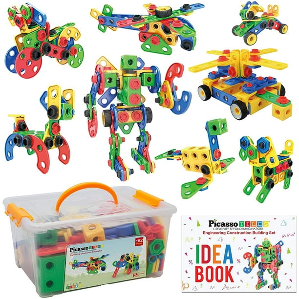 PicassoTiles STEM Learning Toys 152 Piece Building Block Set Kid Toy Construction Engineering Kit Educational Blocks w / Idea Book Design Guide, Storage Carry Box, Power Drill, Ratchet, Age 3+ PTN152