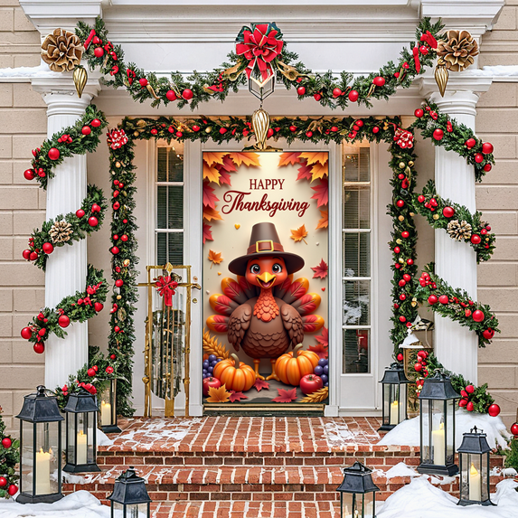 Decorative Turkey Happy Thanksgiving Banner Autumn Leaves Harvest Theme for Thanksgiving Celebration Fall Party Indoor Decor