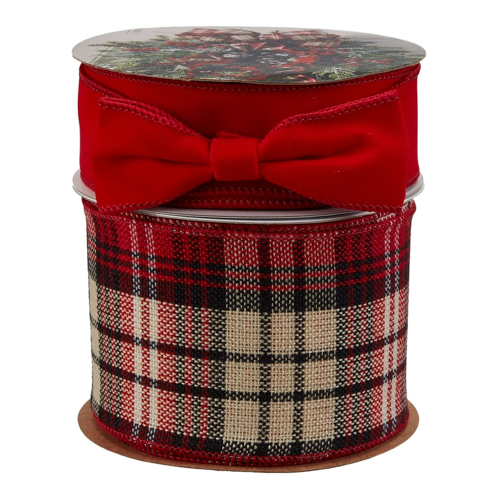 Holiday Time Solid Red/Red and Black Plaid Christmas Ribbon, 3" W x 15