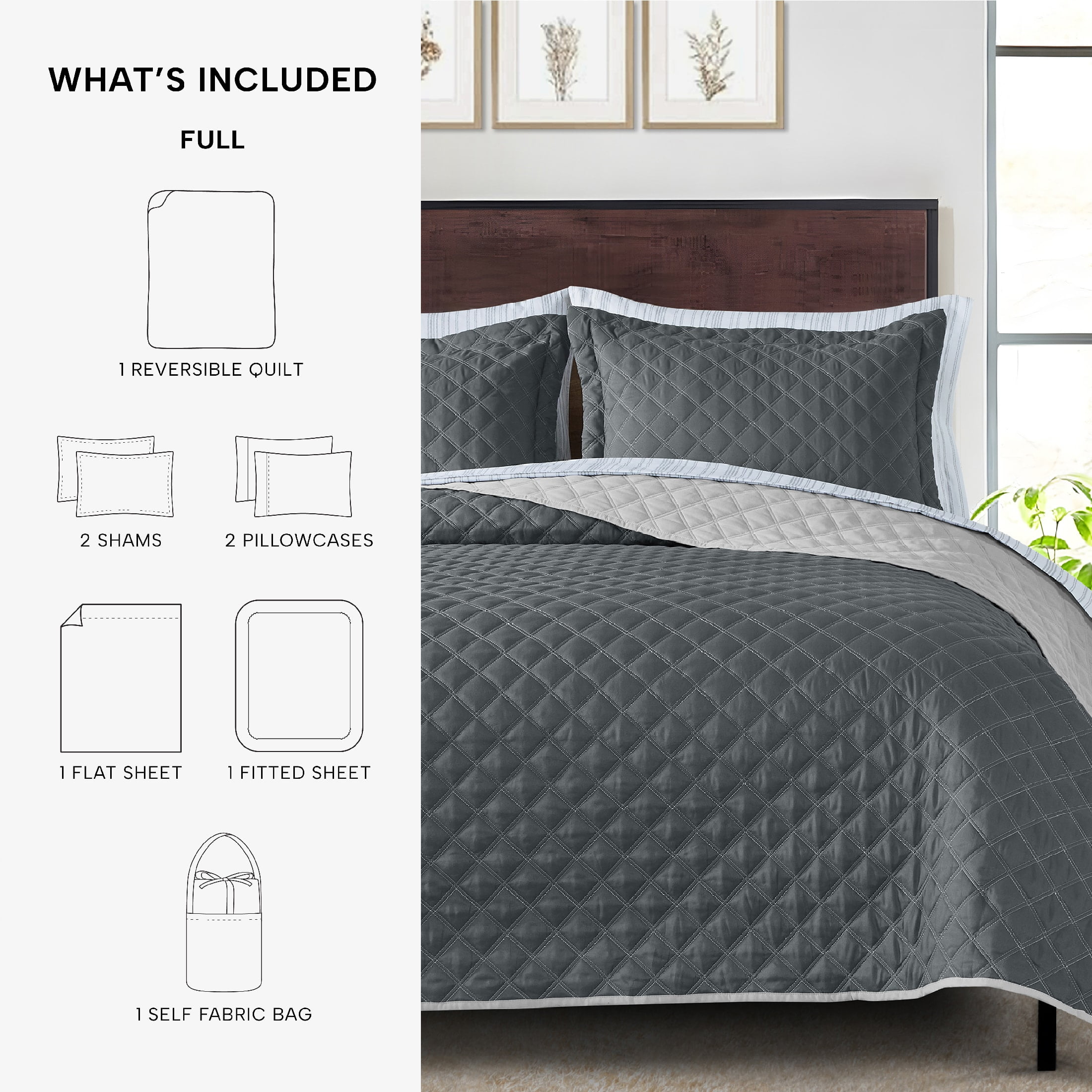 Mainstays All in One Lightweight Quilt Set and Sheet Set -7 Piece, Full, Gray