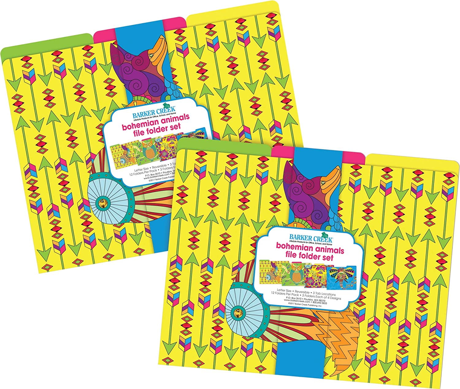 Barker Creek Designer File Folder Set of 24, Bohemian Animals, Multi-Design Set with Boho Animals on Outside, Solid Colors on Inside, 24 Decorative Letter-Sized File Folders in Set (3963)
