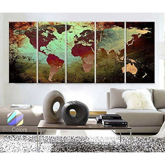 Original by BoxColors XLARGE 30"x 70" 5 Panels 30"x14" Ea Art Canvas Print World Map Texture Abstract Wall Decor Interior Design Home Office (Framed 1.5" Depth)