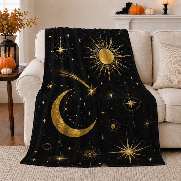 Golden Sun Crescent Moon And Scattered Stars, Soft Flannel Blanket with Minimal Celestial Illustration Print, Housewarming Gift and Home Decor for Bedroom and Living Room