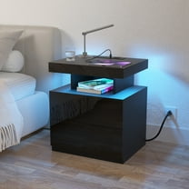 Hommpa Modern LED Nightstand with Charging Station USB Type C 2 Drawer Bedside Table High Gloss Black Smart Nightstands End Side Table for Bedroom