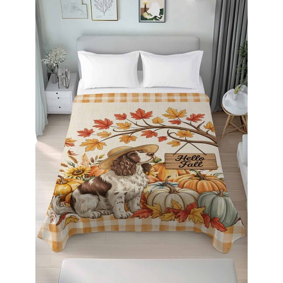 Twin Flat Sheet Only Vintage Autumn Pumpkin Puppy Soft Microfiber Cooling Bedding Sheets Orange Plaid on Linen Flat Bed Sheet for Hotel,Home Decor