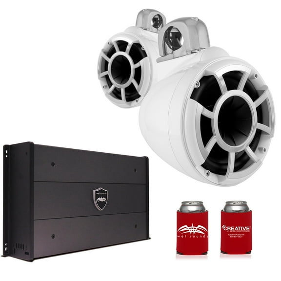 Wet Sounds REV8W-FC-SA 8" White Tower Speakers with Silver Aluminum Fixed Clamps & SYN-DX2.3 1200 Watt Amplifier