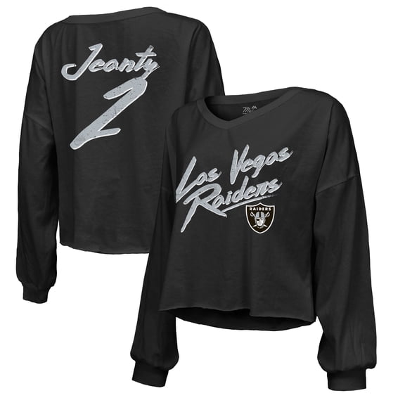 Women's Majestic Threads Ashton Jeanty Black Las Vegas Raiders Name & Number Off-Shoulder Script Cropped Long Sleeve