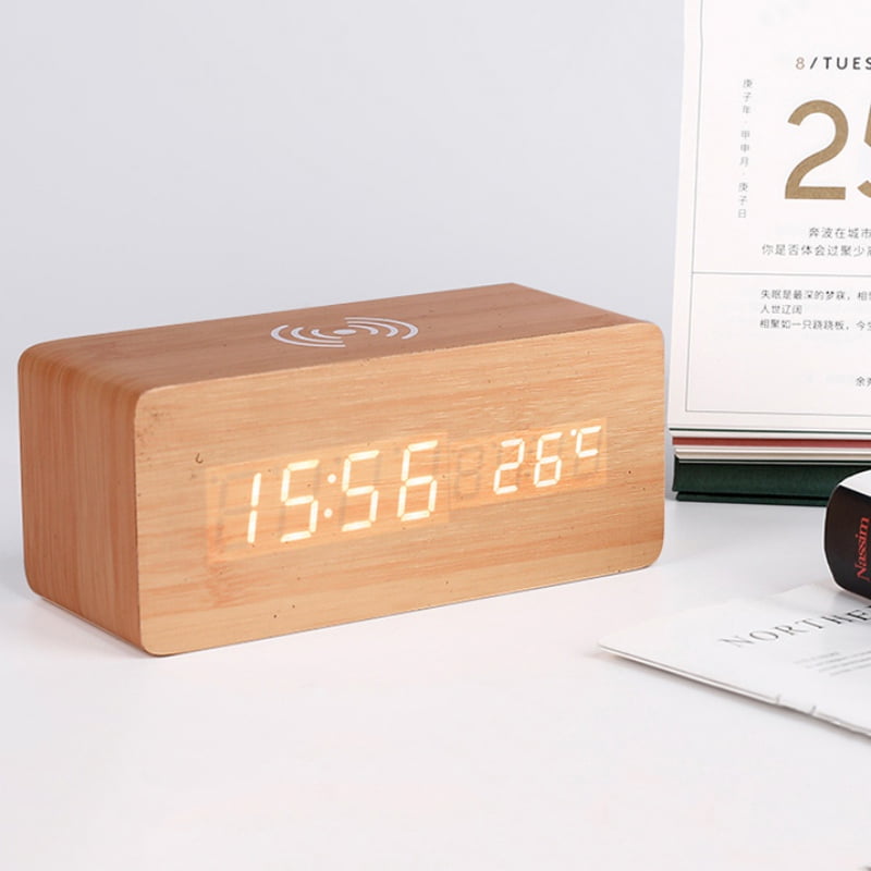 Wooden Alarm Clock with Wireless Charging Pad Compatible with iPhone