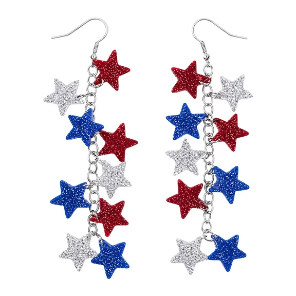 Star Drop Earrings, Red Blue Silver Glitter Star Dangle Earrings, Tassel Earrings for Women 4th of July Independence Day Party Jewelry
