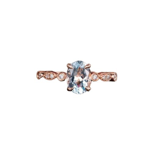 HeartsAndYou 2ct Natural Aquamarine Diamond Milgrain Accent Solitaire Ring 14k REAL Rose Gold