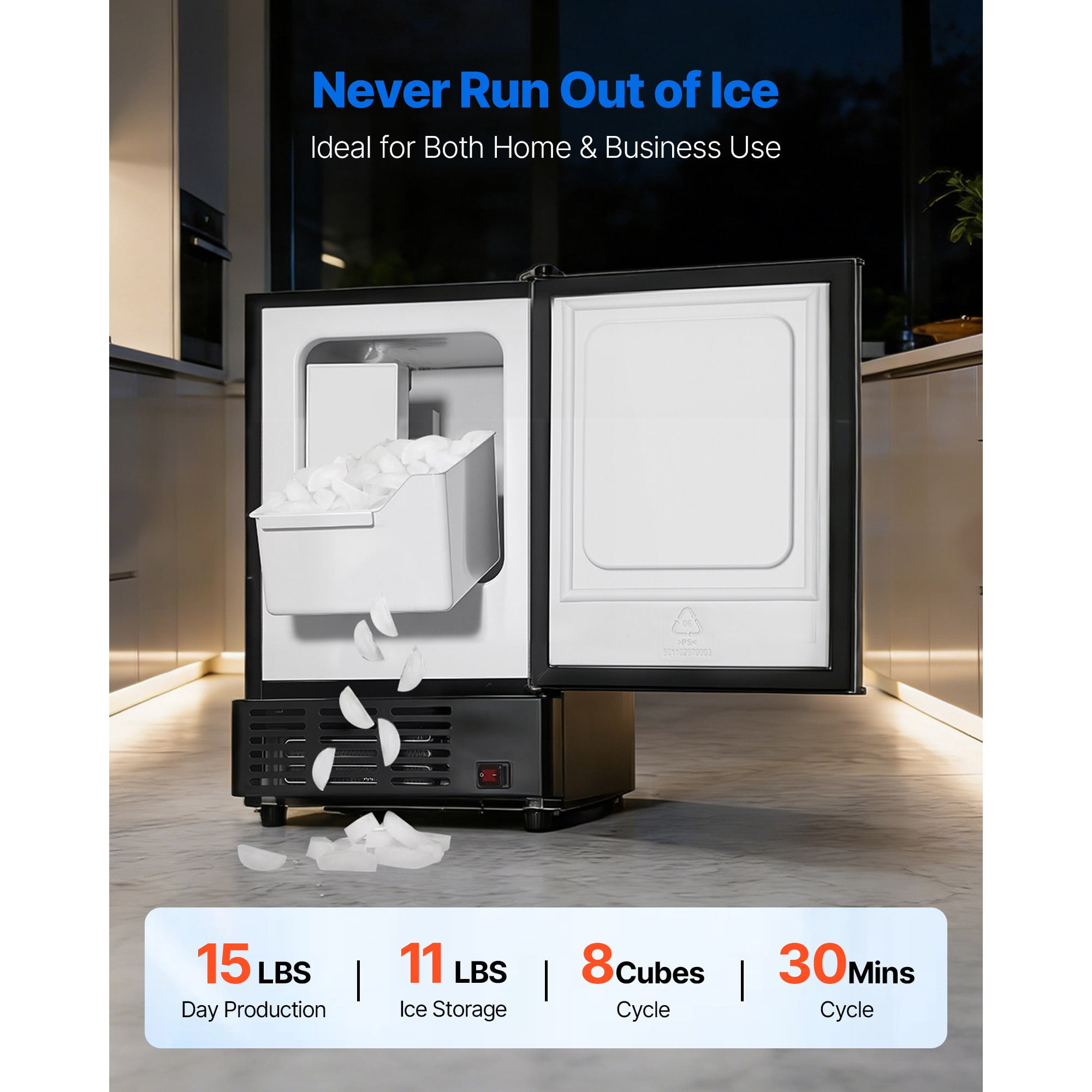 KFFKFF 15" W Under Counter Ice Maker, 15 lbs/Day Crescent Ice Machine with 11 lbs Storage Bin & Reversible Door, Freestanding Ice Maker for Home or Commercial Kitchens - No Drain Needed