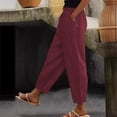 thumbnail image 3 of Bovemsi Women's Casual Pants Cotton And Linen Elastic Waistband High Pocket Side Buttons Nine Point Loose Straight Leg for Travel, 3 of 5