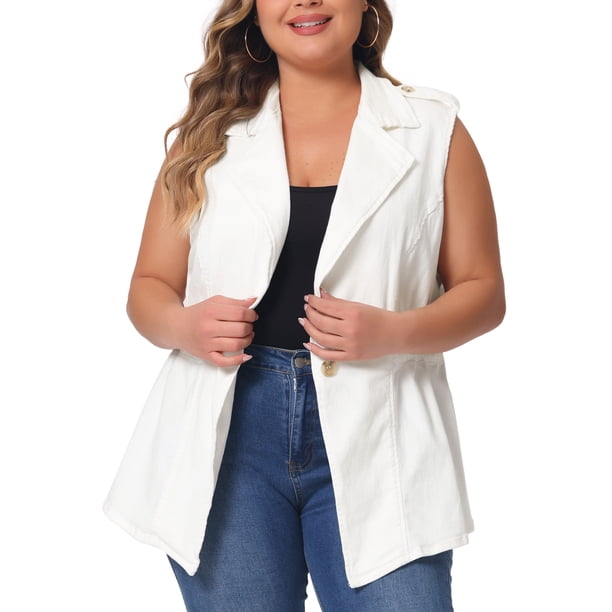 Chaqueta de mezclilla sin mangas Agnes Orinda Plus Talla Mujer, chaleco de mezclilla blanco con solapa y botones, talla 2X