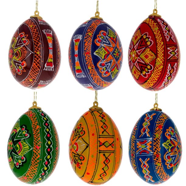BestPysanky Set of 6 Hand Painted Ukrainian Wooden Easter Egg Ornaments