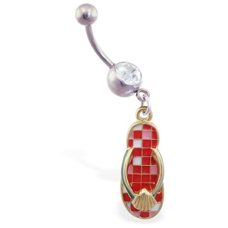 Jeweled Replacement - Jeweled Navel Ring With Dangling Red Checkered Flipflop With Shell