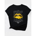 thumbnail image 3 of 1pc Women'S Casual Crew Neck T-Shirt with Yellow Mouth Letter Print, Polyester Knit Fabric, Medium Stretch, Fashionable Short Sleeve Top for Spring/Summer/Fall, 3 of 7