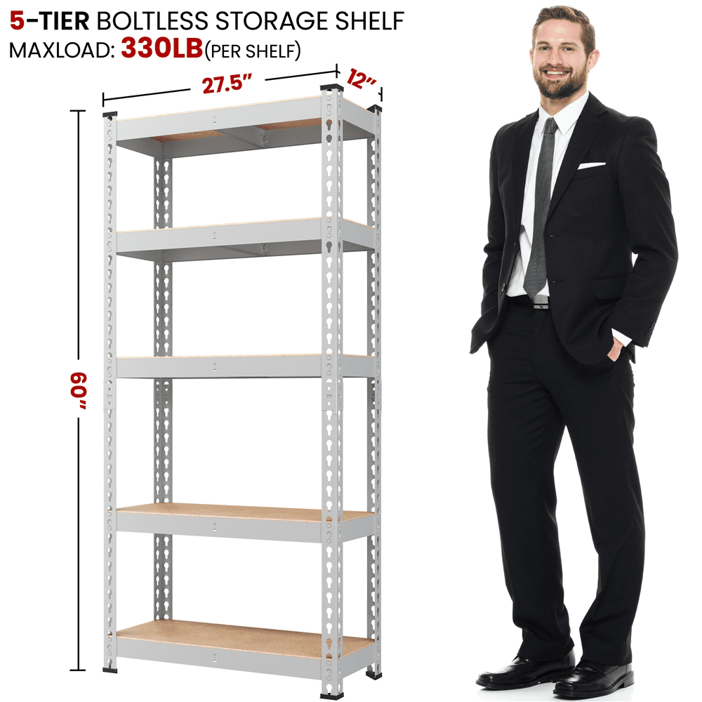 Alden Design 5-Shelf Boltless & Adjustable Steel Storage Shelf Unit, Silver, Holds up to 330 lb Per Shelf