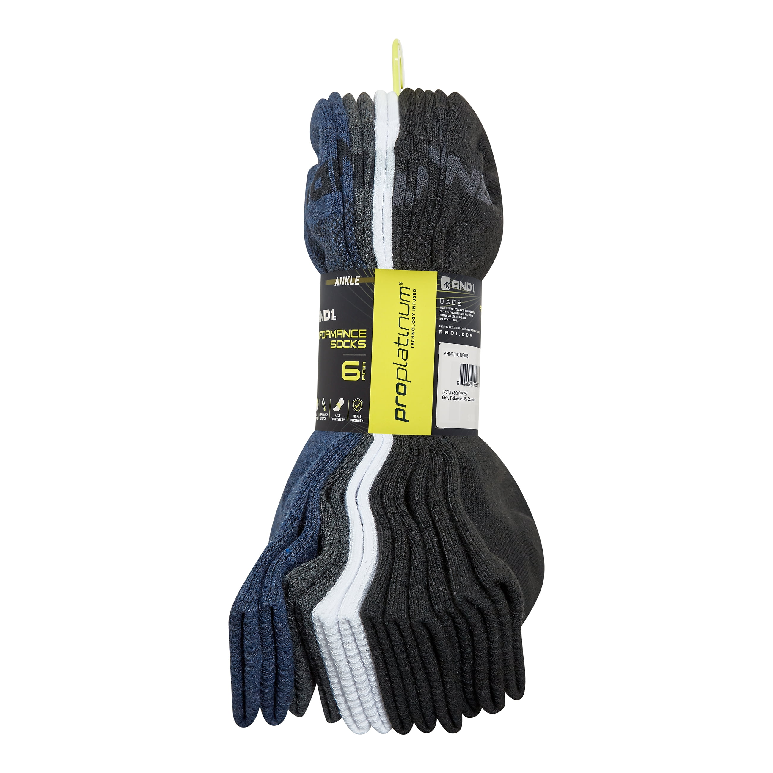 AND1 Men's Socks, Performance Cushion Ankle Socks, 6-Pack