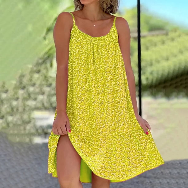 WILLBEST Vestidos Verano para Mujer Casual Floral Cuello Redondo Dobladillo con Volantes Tirantes Finos Vestido Corto sin Mangas Vestido de Playa Extra Grande