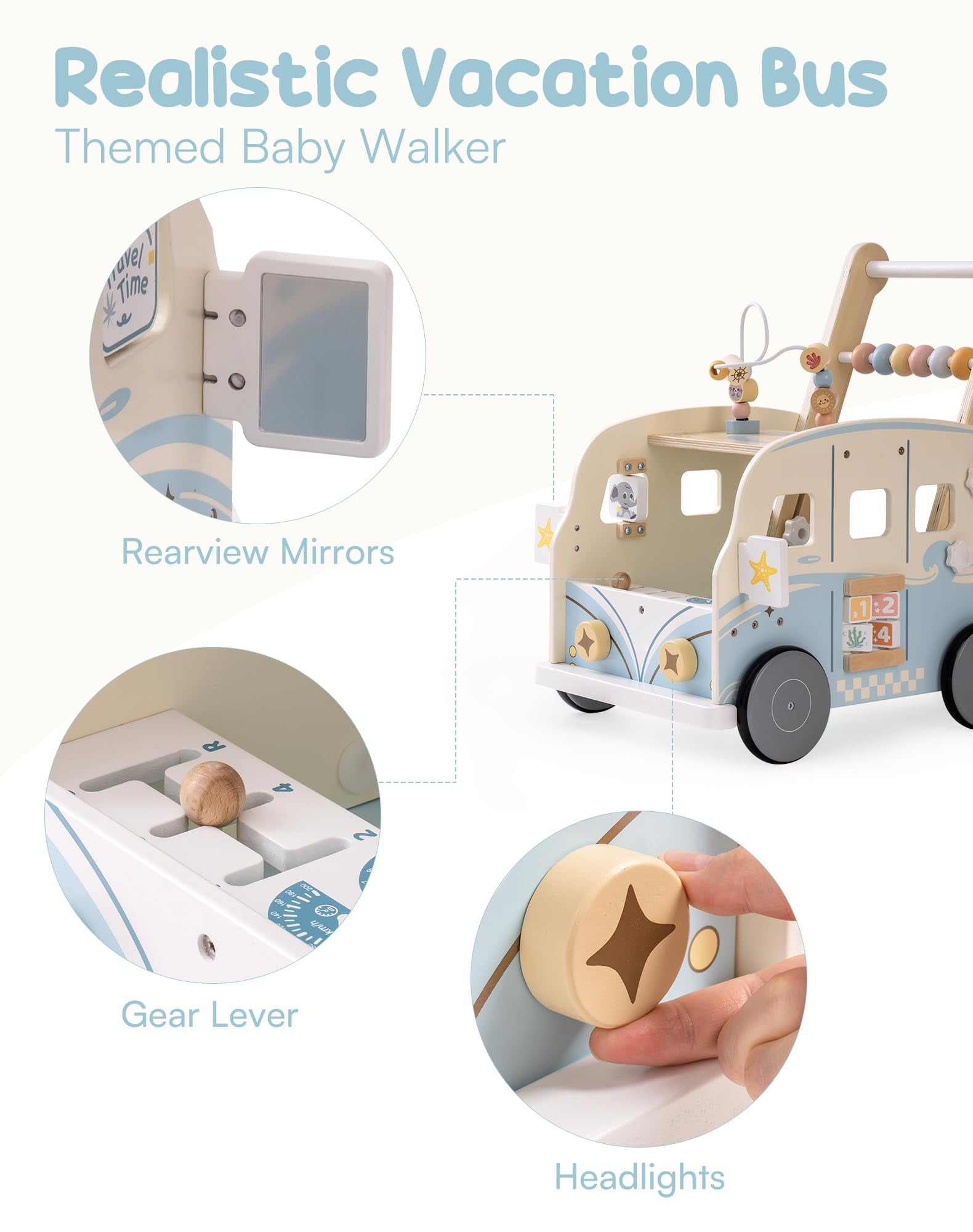 Robud Baby Push Walker Wooden Furniture Multi-Functional Toy Vacaction Bus for Boys Girls Kids Gift,Blue