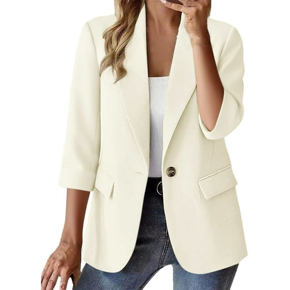Yigetop Blazers for Women Business Casual, Ladies' Button Down Solid Color Cardigan Small Suit with Pockets and Three Quarter Sleeves 3/4 Sleeve Blazer for Women Beige 2XL