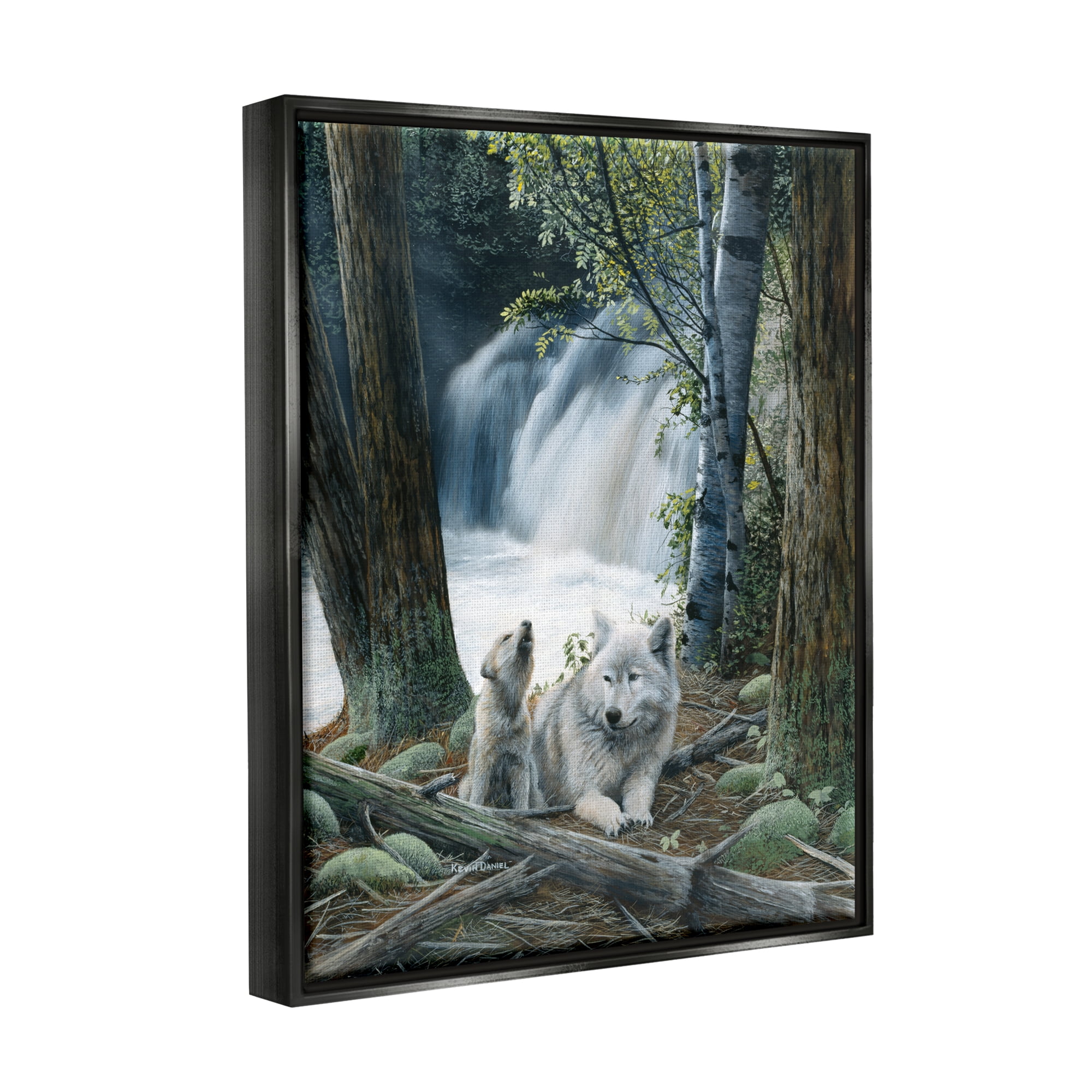 Stupell Industries Wolves by Forest Waterfall Animals & Insects Painting Black Floater Framed Art Print Wall Art, 25 x 31