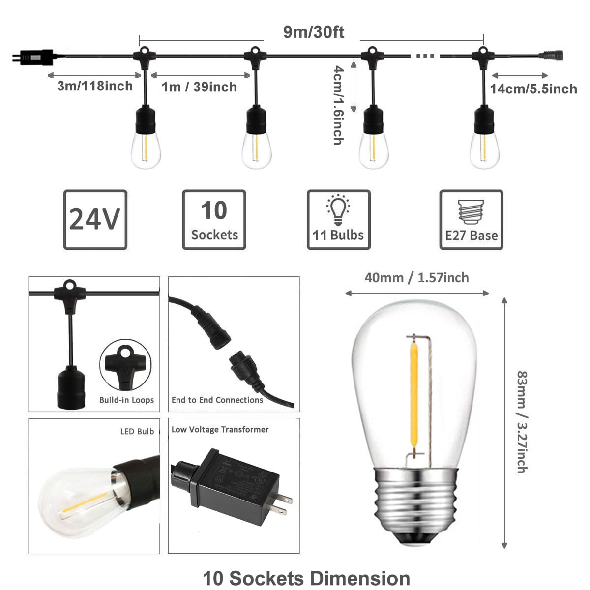 29ft Warm White Waterproof LED Outdoor String Lights for Backyard Garden Patio Gazebo