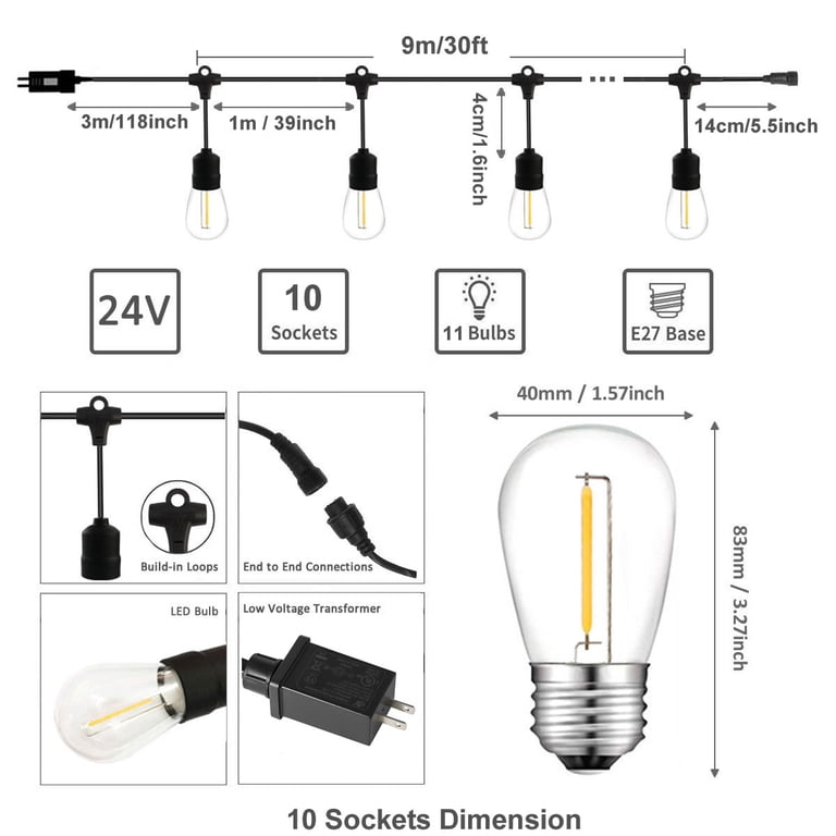 LEDVANCE 24ft LED String Lights With Shatterproof Edison Bulbs - Indoor/Outdoor, Linkable, 2200K Warm Amber Glow, IP65 Wet Rated