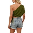 thumbnail image 5 of Women's One Shoulder Tops Short Sleeve Crop Top with Tie Side Textured Breathable Summer Blouse Olive Green M, 5 of 7