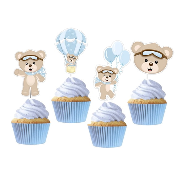 Hot Air Balloon Cupcake Toppers, 12 count, for Birthday Party, Blue Bear Cake Picks Decor, Aviator Fly Away Baby Shower Themed, Boy Up Up and Away Party Supplies, Blue Rings