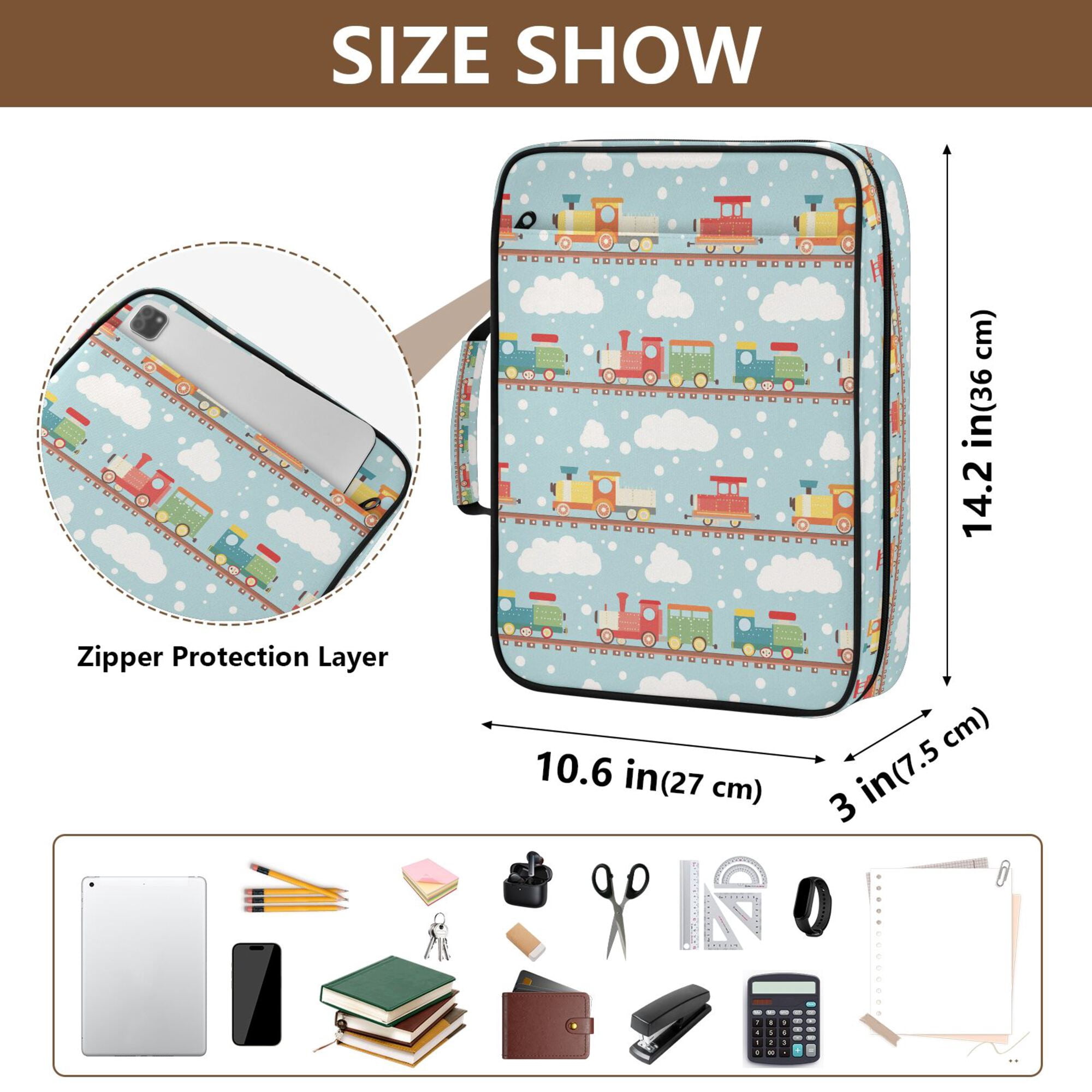 FORMRS Accordion File Folder A4 Size 7-Pocket Expanding Document Organizer Bag with 3 Ring Binder, Red Trains Pattern