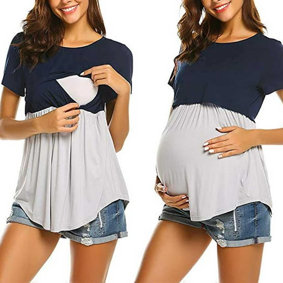 Danhjin Women's Maternity Nursing Tops - Nursing Tshirt Color Block Maternity Short Sleeve Top for Breastfeeding Pregnancy Shirt Breastfeeding Clothes on