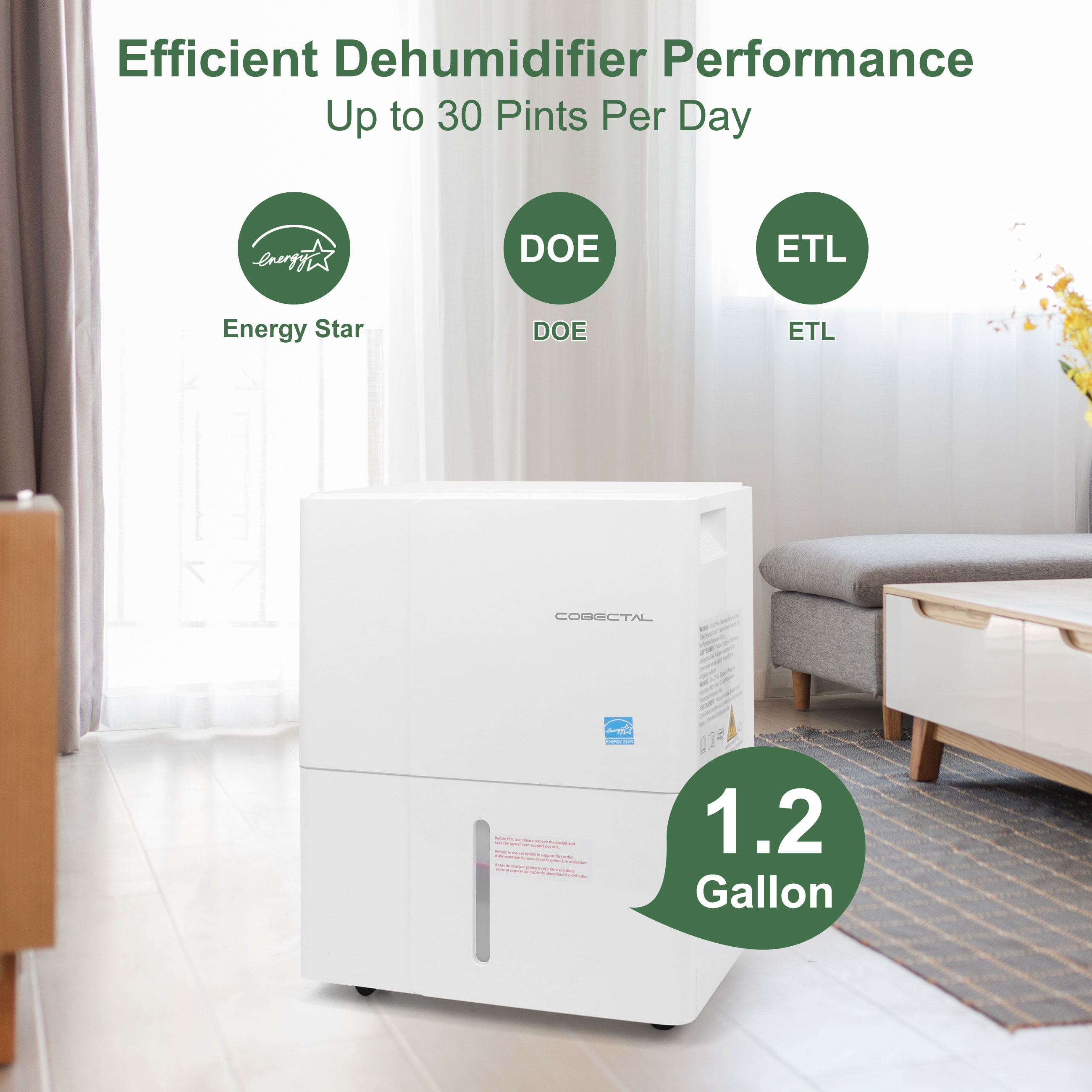 Cobectal 22 Pints Portable Dehumidifier for Basement and Home, 1500 Sq. Ft, 1.2-Gallon Water Tank