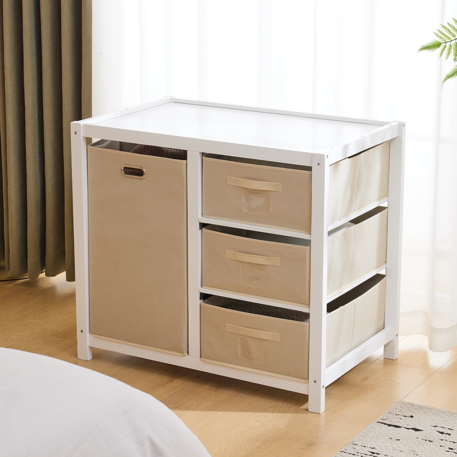Zimtown Baby Changing Table,Dresser Baby Diaper Changing Station with Laundry Hamper,Infant Nursing Table with 3 Storage Drawers,Removable Safety Rail & Strap for Bedroom,White