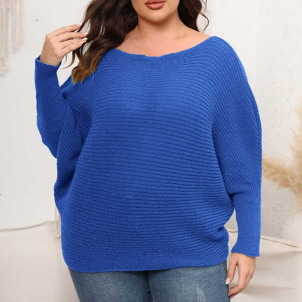 Suéter de cuello redondo para mujer, suéter grande liso con cuello redondo y hombros descubiertos, suéter holgado de punto a la moda para mujer