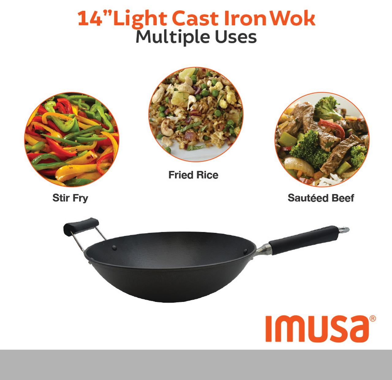 IMUSA 14 Cast Iron Preseasoned Wok with Wood Handle - Red