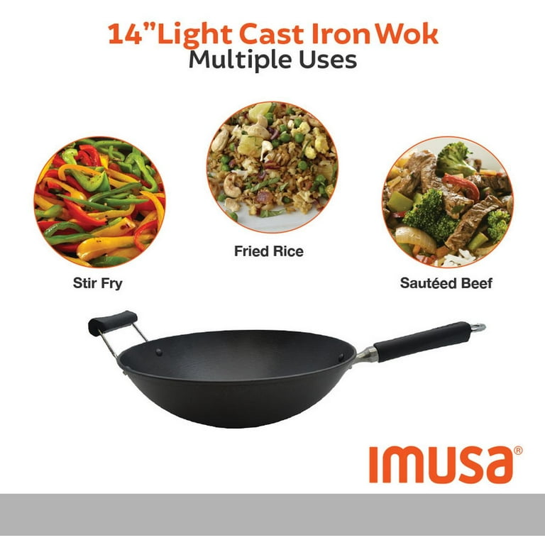 IMUSA GKG-61021 Light Cast Iron Pre-Seasoned Wok with Wood Handle 14-Inch,  Red 