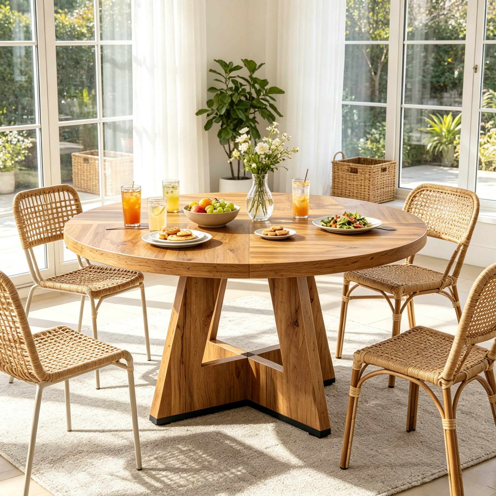Round Farmhouse Dining Table, 47 in Diameter, Seats 4, Rustic Finish