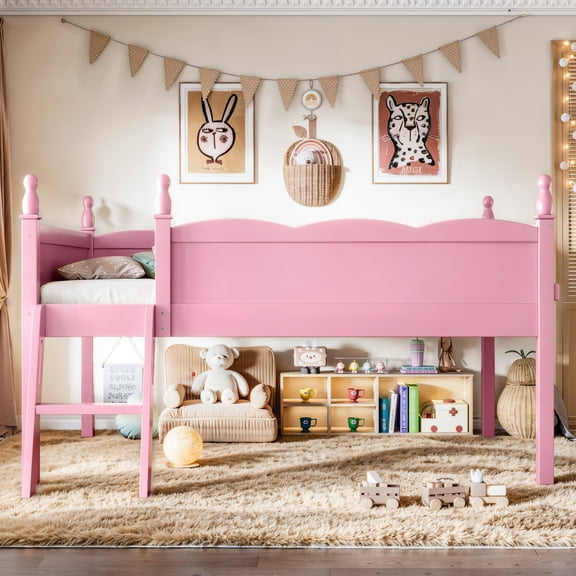 Leumius Twin Size Loft Bed with Full-Length Guardrails, Solid Wood Low Loft Bed with Ladders and Beside Book Shelf, Chic Shape and Low Profile Design for Boys Girls Pink