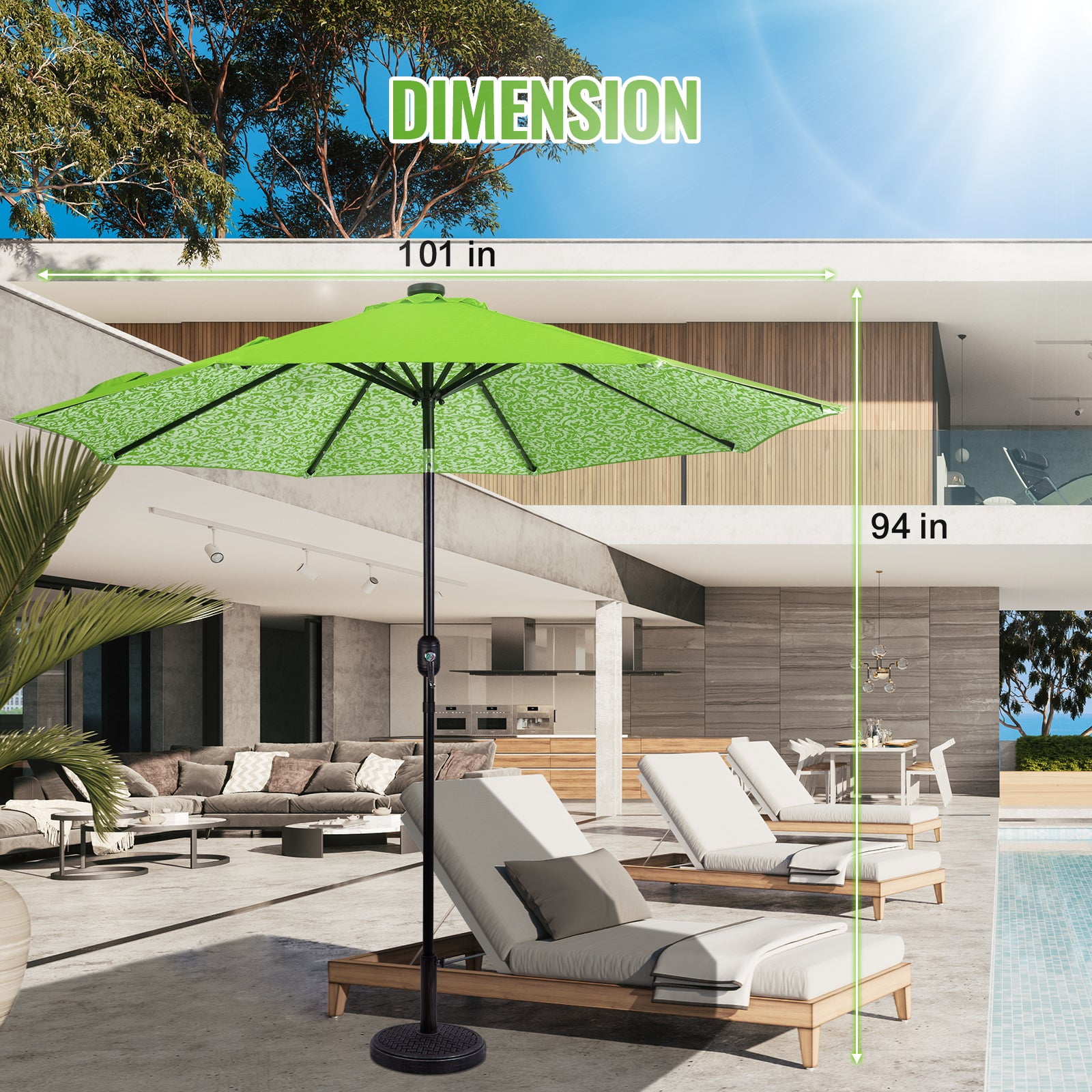 Backyard Expressions 9ft Solar Patio Umbrella with 32 LED Lights – Outdoor Market Umbrella with Tilt & Crank, Solar-Powered Lighting, Water-Resistant Fabric for Patio, Deck, Garden, Pool