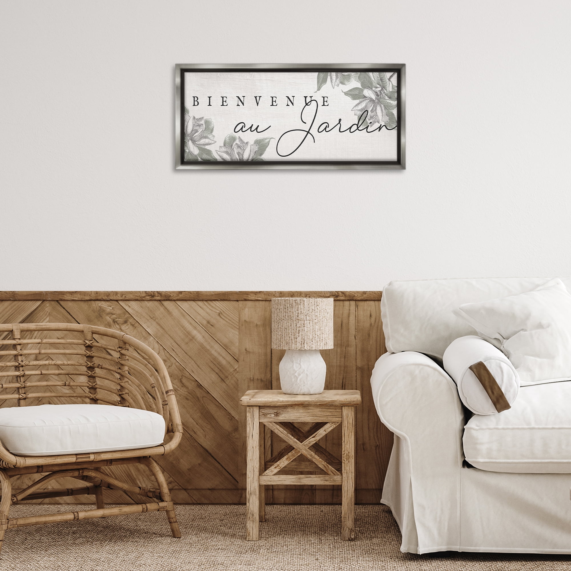 Stupell Industries Vintage Garden Welcome Plants & Flowers Painting Gray Floater Framed Canvas Art Print Wall Art, 25 x 11
