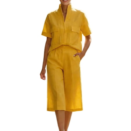 PUMXQ Two Piece Matching Outfits for Women Short Sleeve Collared Shirt High Waist Wide Leg Midi Capri Culottes Casual Dressy Daily Pantsuit Yellow 2XL PUMXQ Two Piece Matching Outfits for Women Short Sleeve Collared Shirt High Waist Wide Leg Midi Capri Culottes Casual Dressy Daily Pantsuit Yellow 2XL