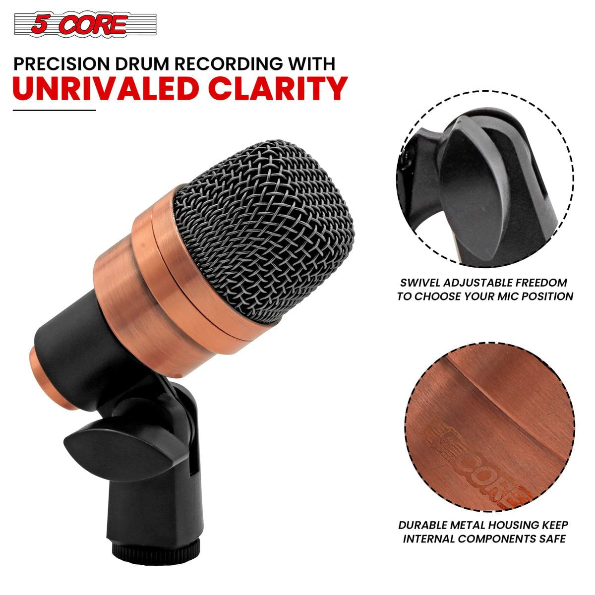 Tabla Mic XLR Wired Uni Directional Snare Tom Kick Instrument Microphone with Dynamic Moving Coil Swivel Mount Steel Mesh Grille Included Mini Tripod Rim Mount - Tabla MIC 2XP COPPER