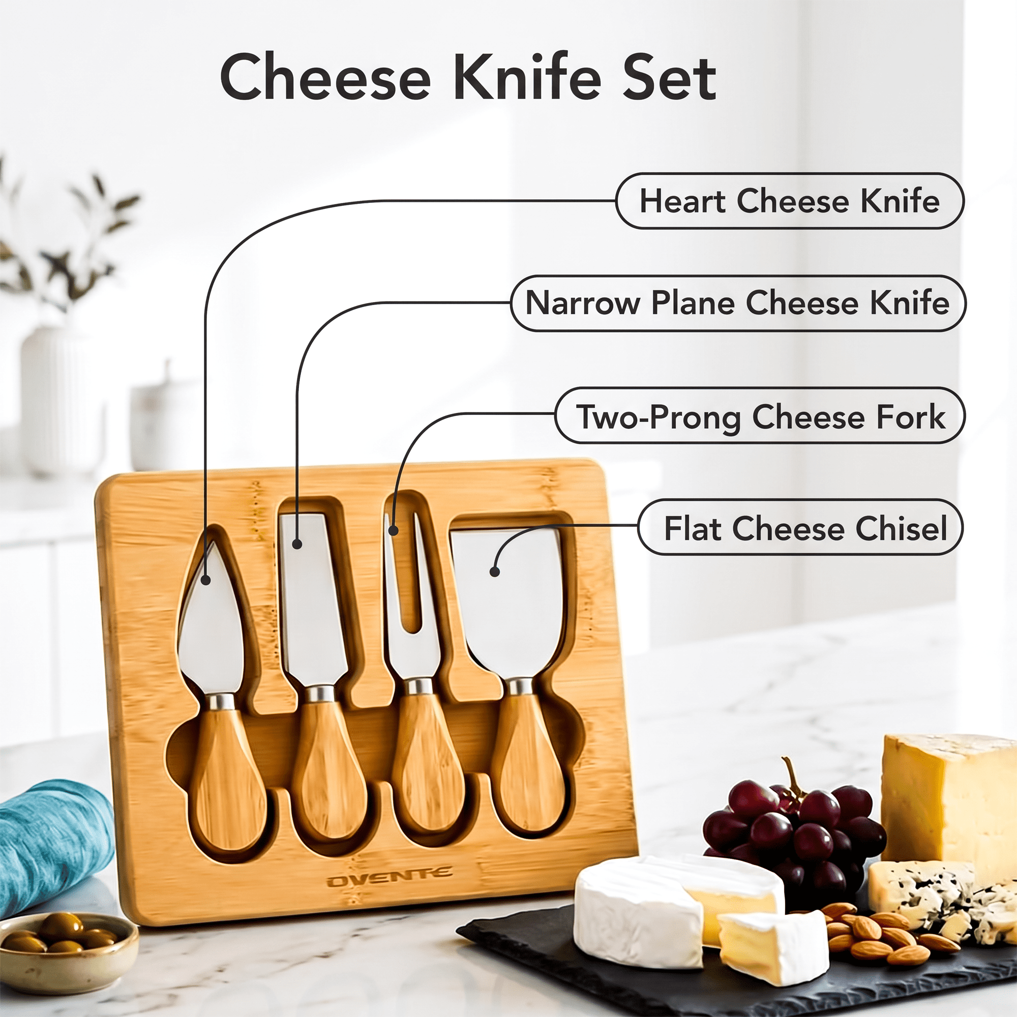 OVENTE 4-Piece Cheese Knife Set with Bamboo Handle, Brown KCS5974B | Complete Stainless Steel Charcuterie Knives w/ Wooden Case, Ideal Fromage Slicer, Spread & Butter Cutter for Party & Gift