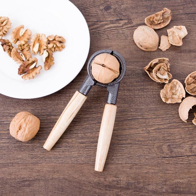 de aleación de aluminio con mango de madera tuerca Clip avellanas de Shell duro del Cascanueces Remover herramientas embudo Soledad Abridor de nueces cascanueces