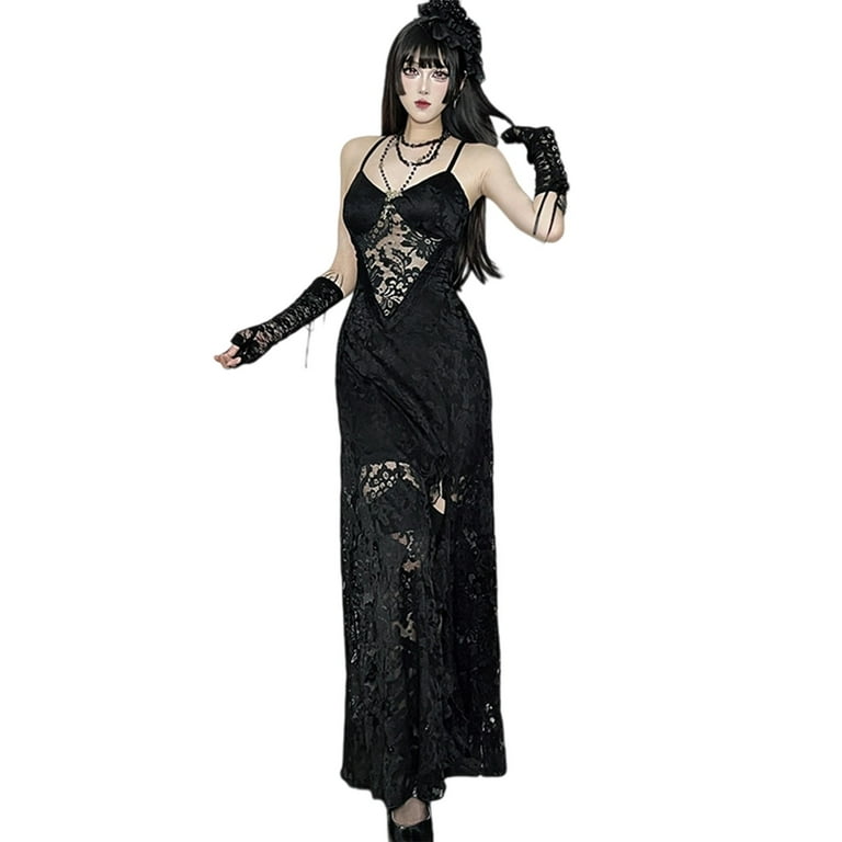 FYEGRE Elegant Gothic Lace Maxi Dress For Evening Gown With Spaghetti  Straps And Side Slit Design Black S - Walmart.com