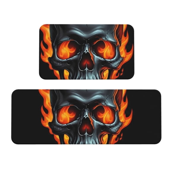 Fuzoiu Flame Metal Skull Print Kitchen Floor Mat 2 Sets,Kitchen Rugs and Mats,,Non Skid Waterproof Kitchen Floor Mat for Kitchen,Home Office,Sink,Laundry