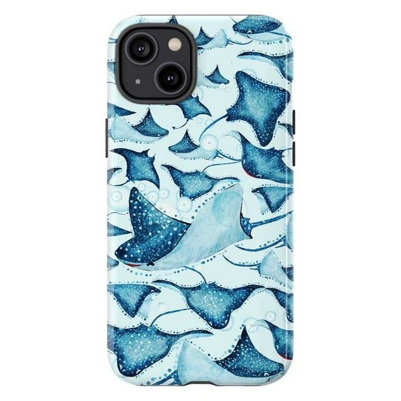 Ocean Dance Phone Case, Blue Watercolor Stingray Pattern iPhone Cover, Serene Marine Design for iPhone 16 15 14 13 12 11 Pro Plus Max Mini